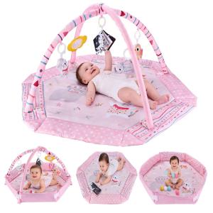 Tiny Paws 4-in-1 Hexagon Baby Play Gym with Tummy Time Pillow &ndash; Pink Forest Animal Theme (Model: ZL2601)
