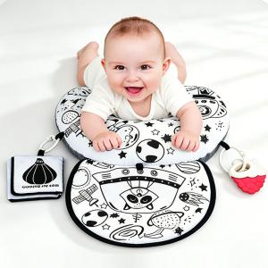 Tiny Paws High Contrast Space Theme Baby Tummy Time Pillow &ndash; U-Shaped Support with Crinkle Pad, Crinkle Book & Teether (Model: ZL2408)