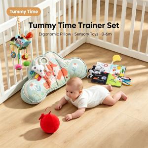 Tiny Paws Tummy Time Trainer Set &ndash; Ergonomic Pillow with Sensory Toys (4-in-1 Set)